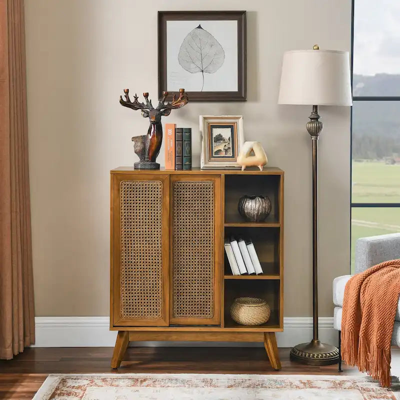 Buffet et enfilade en rotin de style Mid-Century avec étagère réglable et pieds en bois massif