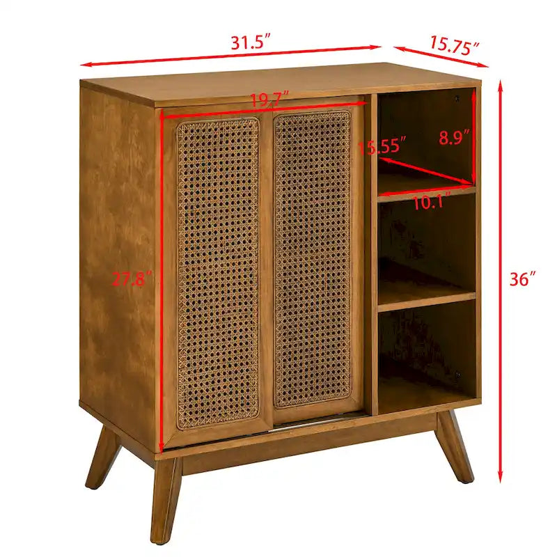 Buffet et enfilade en rotin de style Mid-Century avec étagère réglable et pieds en bois massif