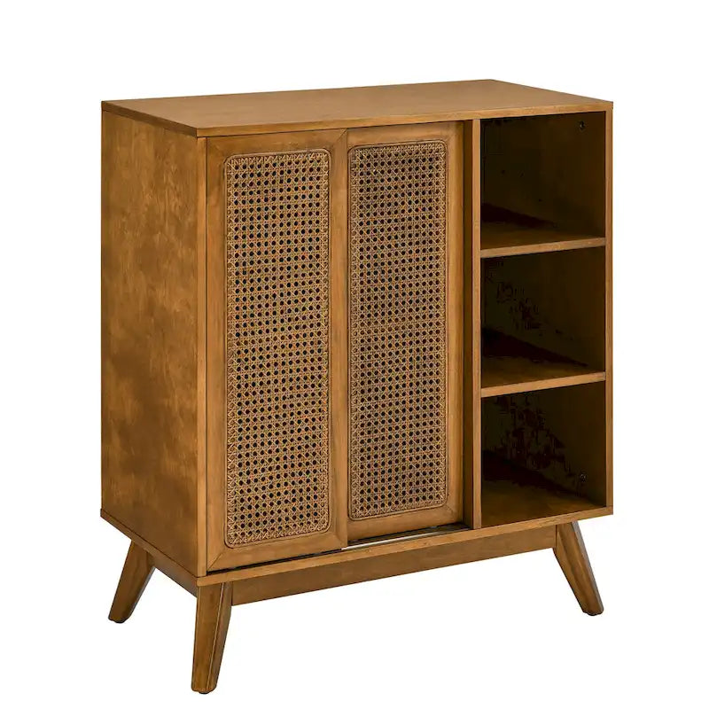 Buffet et enfilade en rotin de style Mid-Century avec étagère réglable et pieds en bois massif