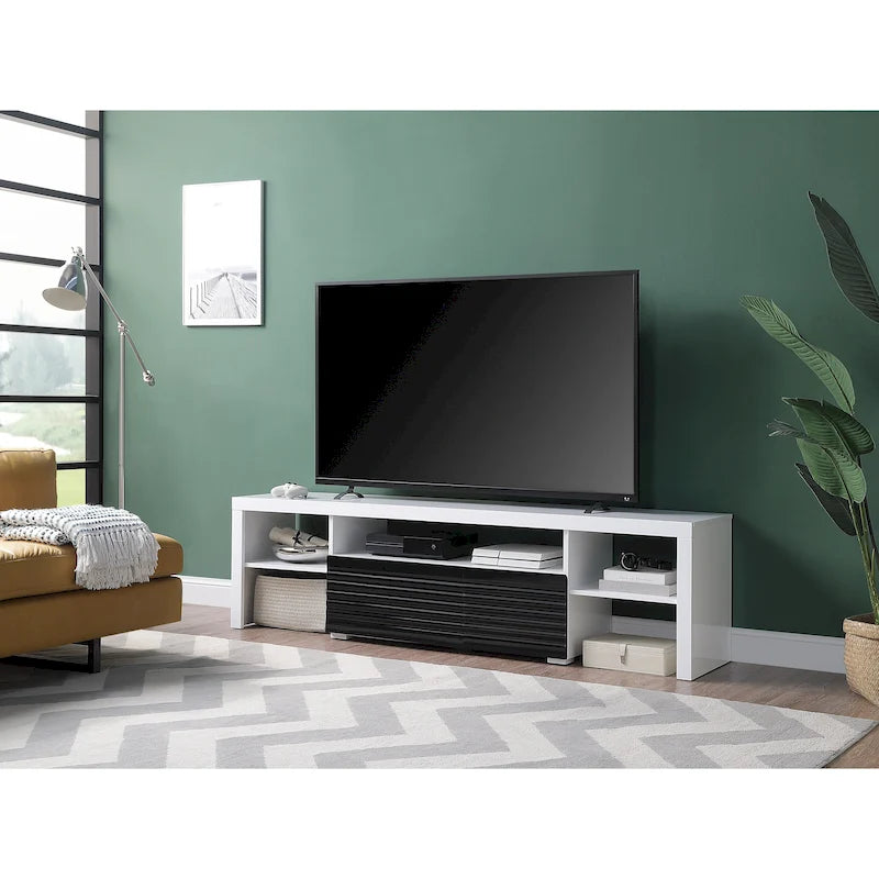Meuble TV moderne blanc de 75 po avec tiroir coulissant et étagère, pour téléviseurs jusqu'à 80 po