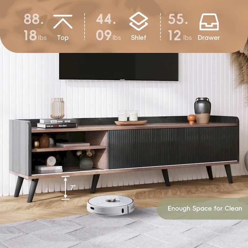 Meuble TV de 160 cm avec 2 portes et des compartiments ouverts