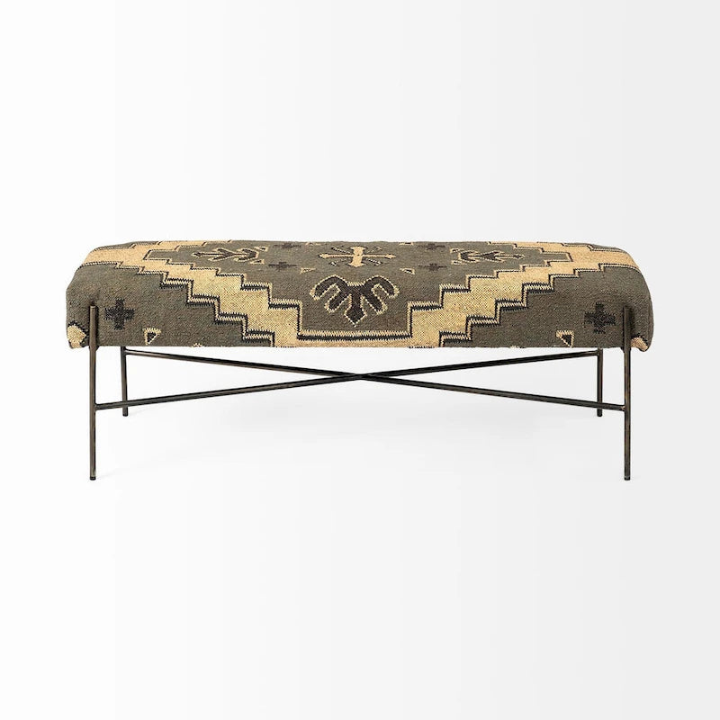 Banc rembourré en mélange de coton abstrait vert, marron et noir de 55 po