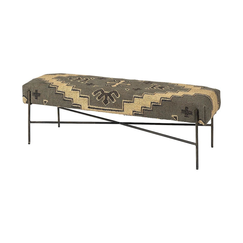 Banc rembourré en mélange de coton abstrait vert, marron et noir de 55 po