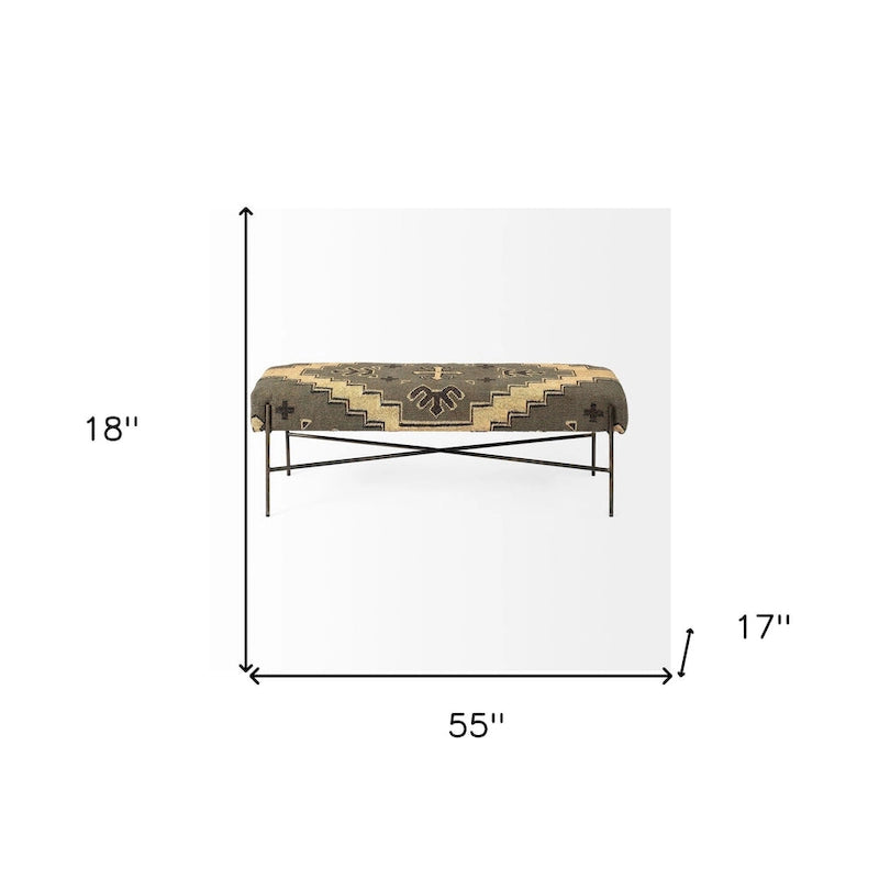 Banc rembourré en mélange de coton abstrait vert, marron et noir de 55 po