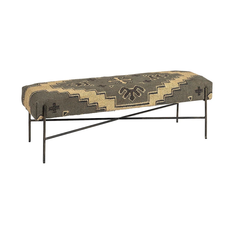 Banc rembourré en mélange de coton abstrait vert, marron et noir de 55 po