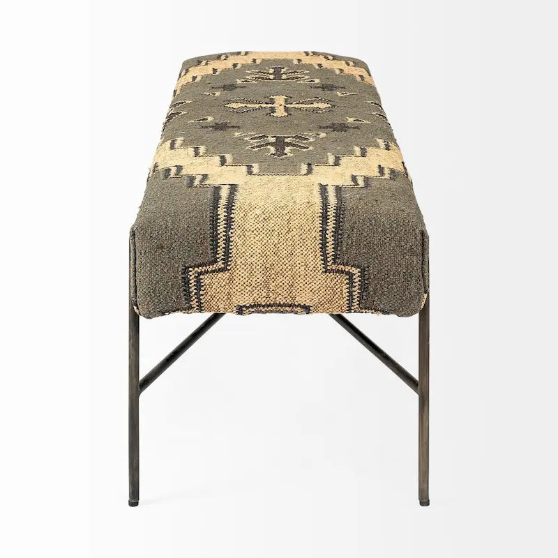 Banc rembourré en mélange de coton abstrait vert, marron et noir de 55 po