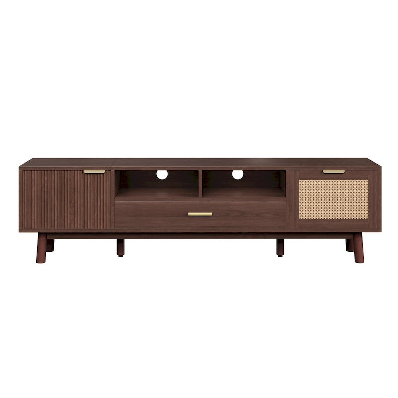 Meuble TV en bois pour téléviseurs de 75 po avec tiroirs en rotin