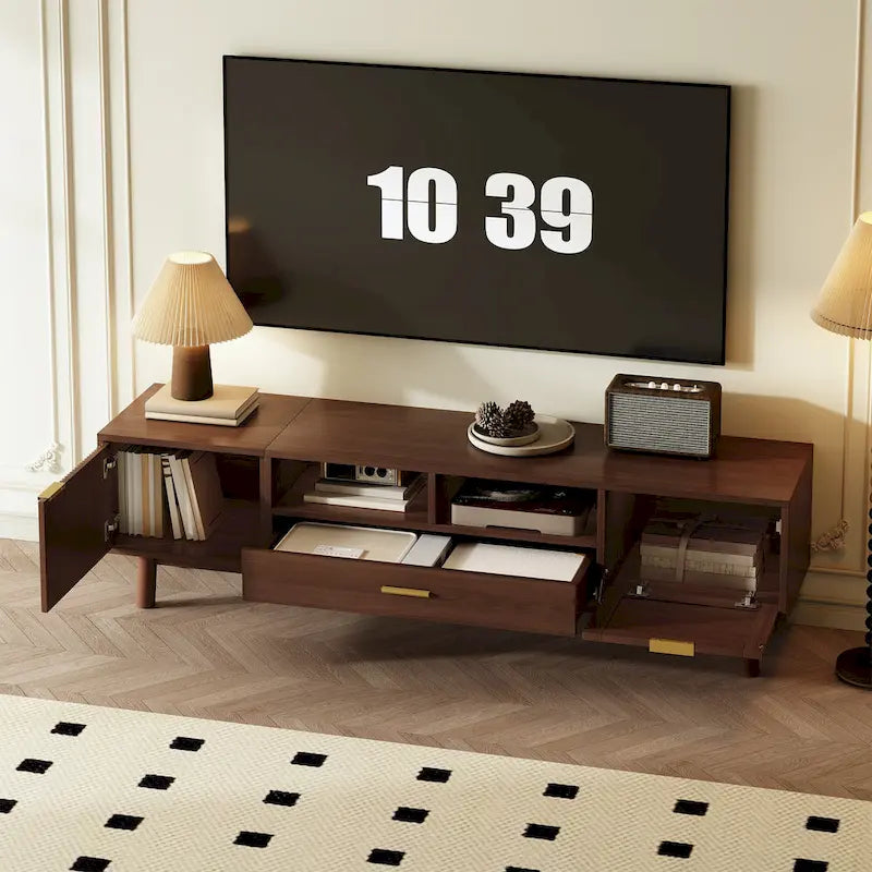 Meuble TV en bois pour téléviseurs de 75 po avec tiroirs en rotin