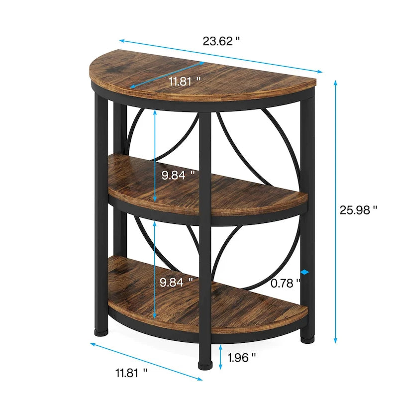 Table d'appoint demi-ronde à 3 niveaux avec étagères de rangement et cadre en métal