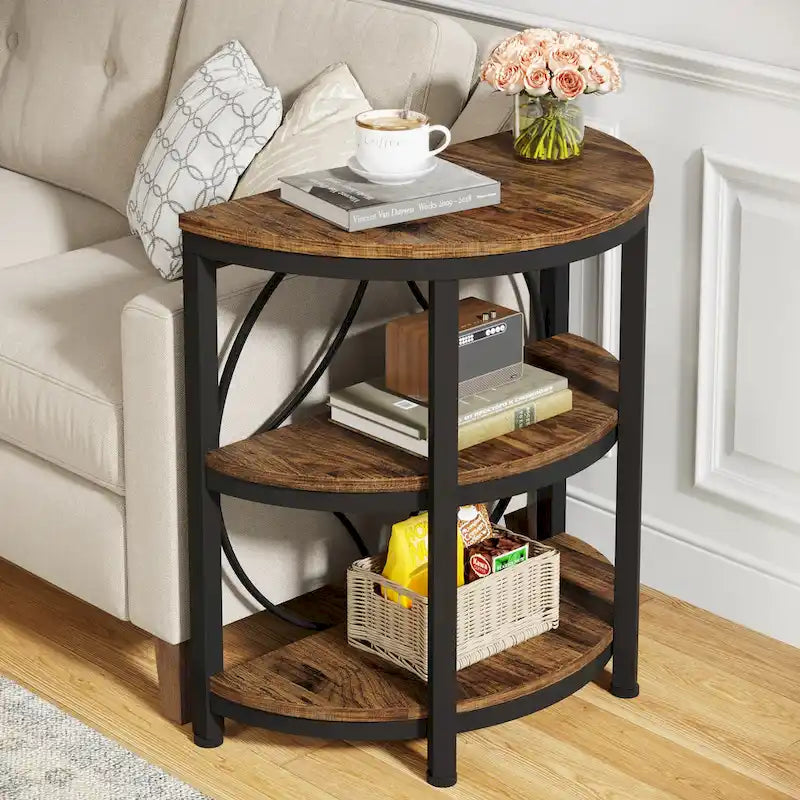 Table d'appoint demi-ronde à 3 niveaux avec étagères de rangement et cadre en métal