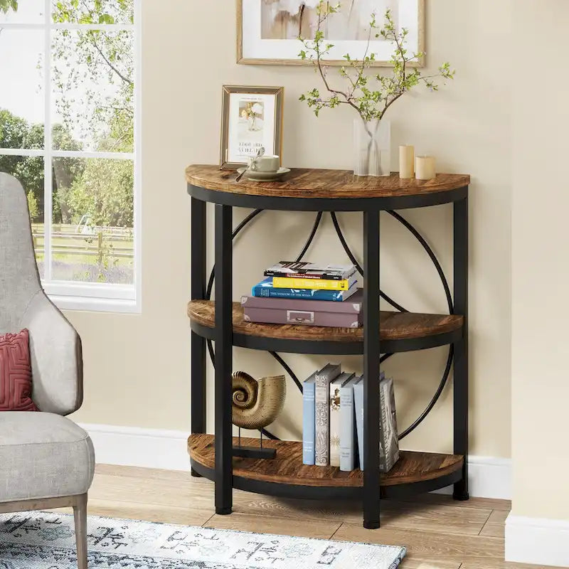 Table d'appoint demi-ronde à 3 niveaux avec étagères de rangement et cadre en métal