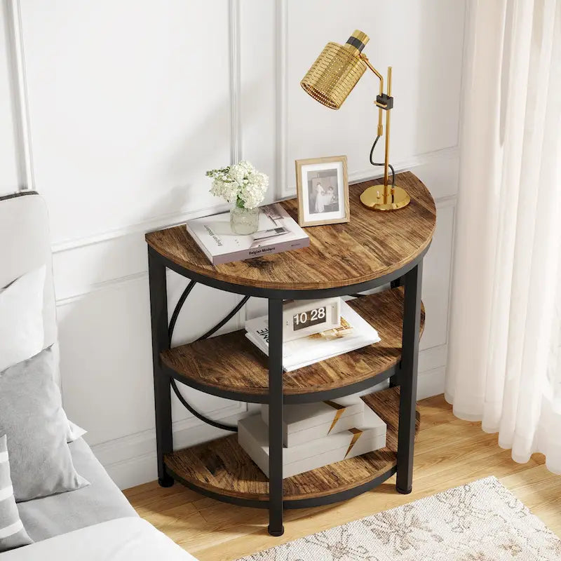 Table d'appoint demi-ronde à 3 niveaux avec étagères de rangement et cadre en métal