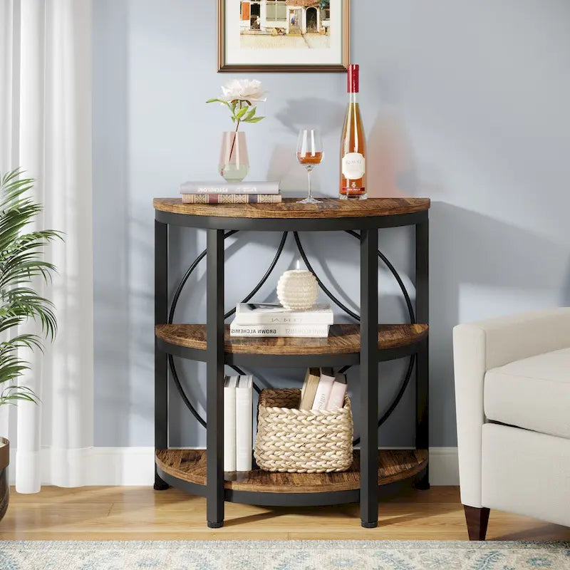 Table d'appoint demi-ronde à 3 niveaux avec étagères de rangement et cadre en métal