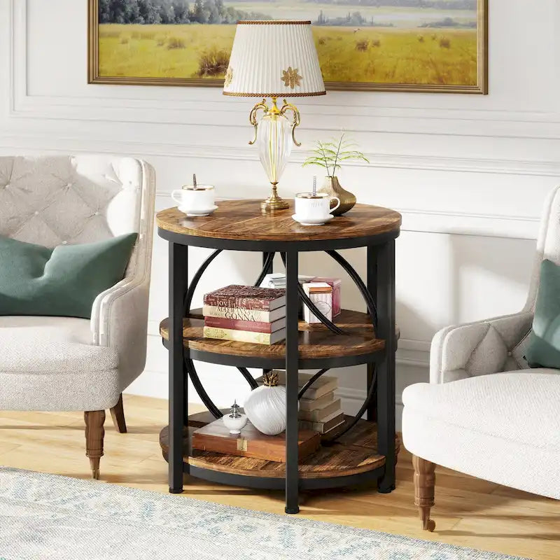 Table d'appoint demi-ronde à 3 niveaux avec étagères de rangement et cadre en métal