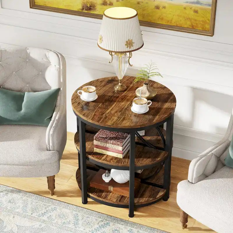 Table d'appoint demi-ronde à 3 niveaux avec étagères de rangement et cadre en métal