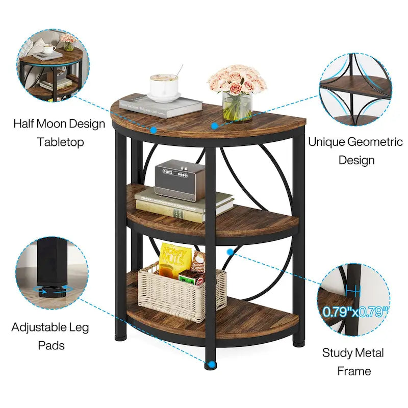 Table d'appoint demi-ronde à 3 niveaux avec étagères de rangement et cadre en métal