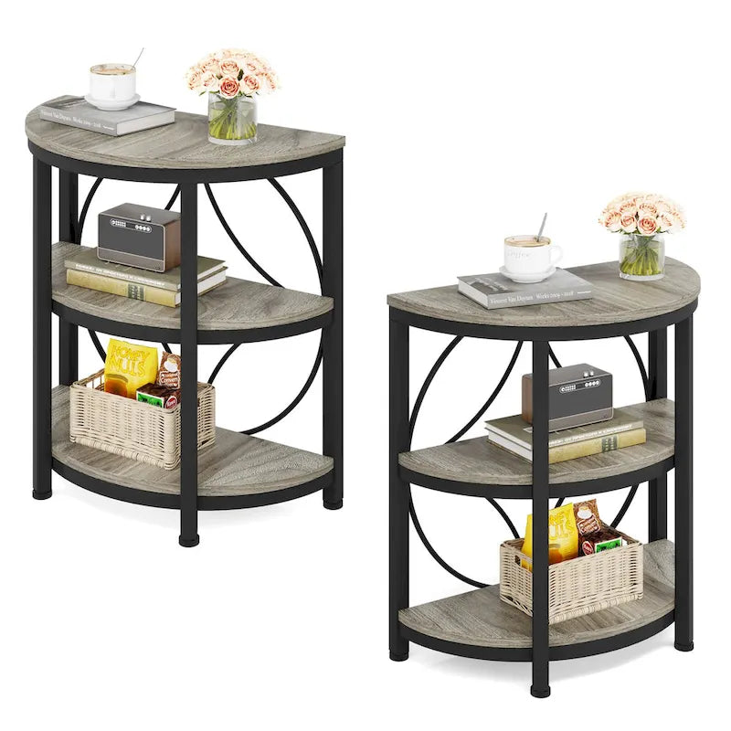 Table d'appoint demi-ronde à 3 niveaux avec étagères de rangement et cadre en métal