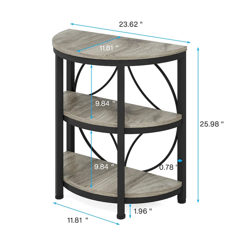 Table d'appoint demi-ronde à 3 niveaux avec étagères de rangement et cadre en métal