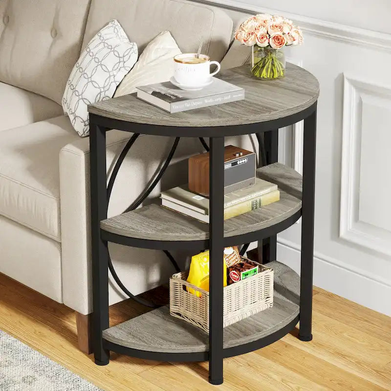 Table d'appoint demi-ronde à 3 niveaux avec étagères de rangement et cadre en métal