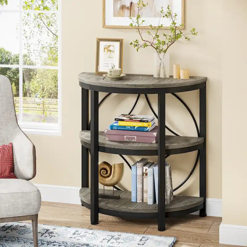 Table d'appoint demi-ronde à 3 niveaux avec étagères de rangement et cadre en métal