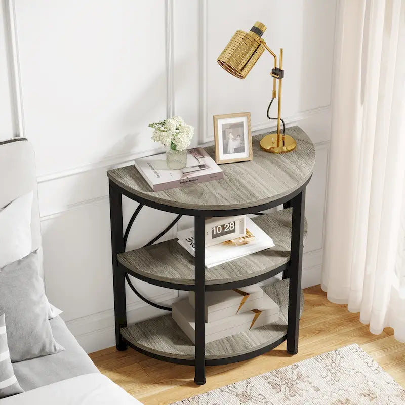 Table d'appoint demi-ronde à 3 niveaux avec étagères de rangement et cadre en métal