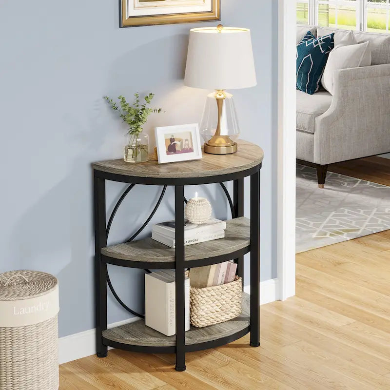 Table d'appoint demi-ronde à 3 niveaux avec étagères de rangement et cadre en métal