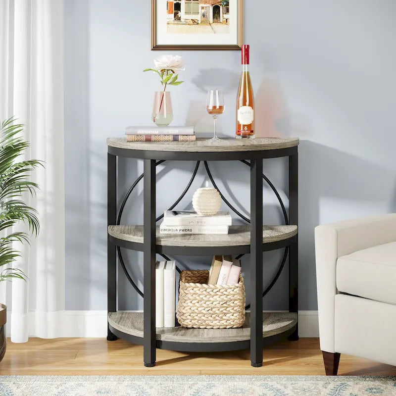 Table d'appoint demi-ronde à 3 niveaux avec étagères de rangement et cadre en métal
