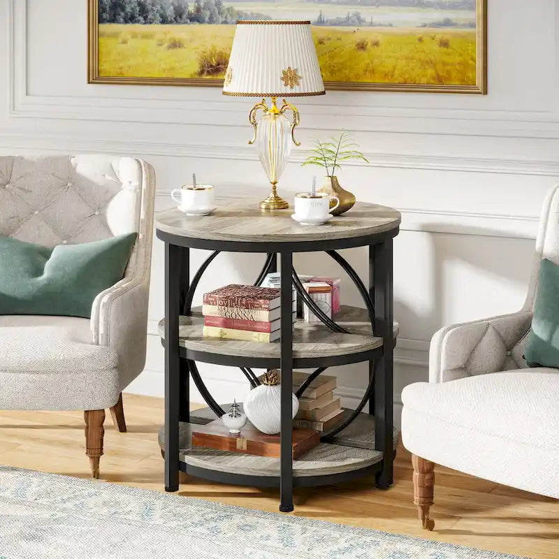 Table d'appoint demi-ronde à 3 niveaux avec étagères de rangement et cadre en métal