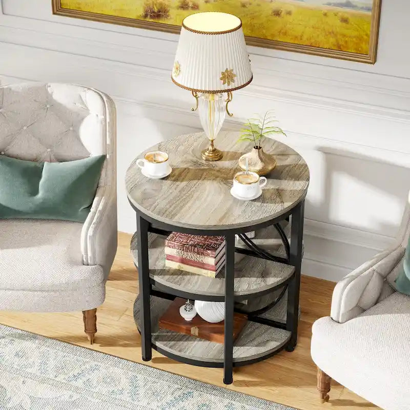 Table d'appoint demi-ronde à 3 niveaux avec étagères de rangement et cadre en métal