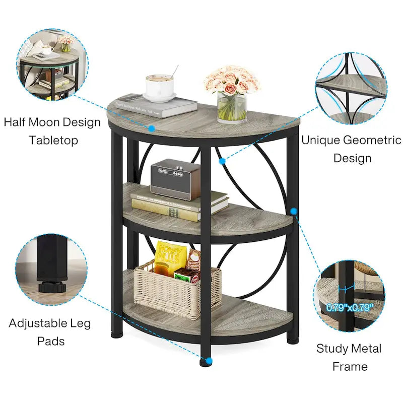 Table d'appoint demi-ronde à 3 niveaux avec étagères de rangement et cadre en métal