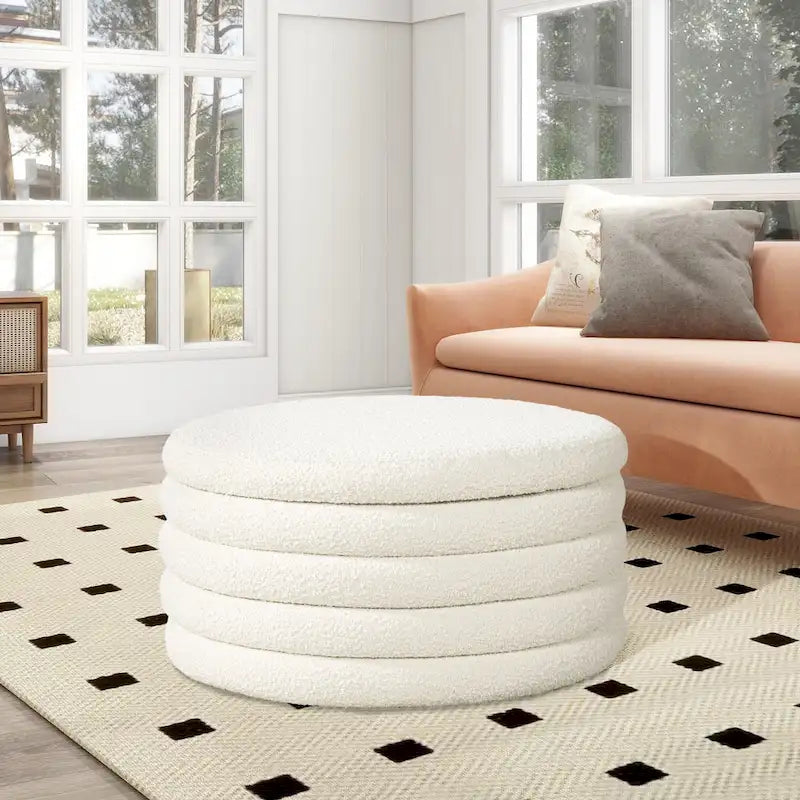 Pouf de rangement rond rembourré en sherpa bouclette 36"