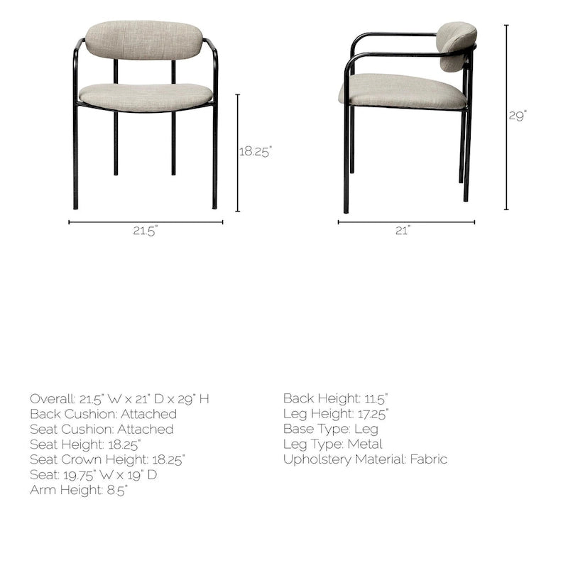 Chaise de salle à manger dossier ouvert en tissu beige avec cadre en métal noir mat – 21.5L x 21.1W x 28.7H