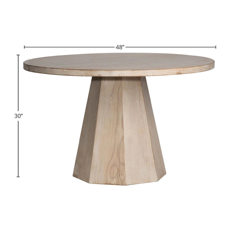Table à manger piédestal en pin recyclé 48 pouces, finition claire