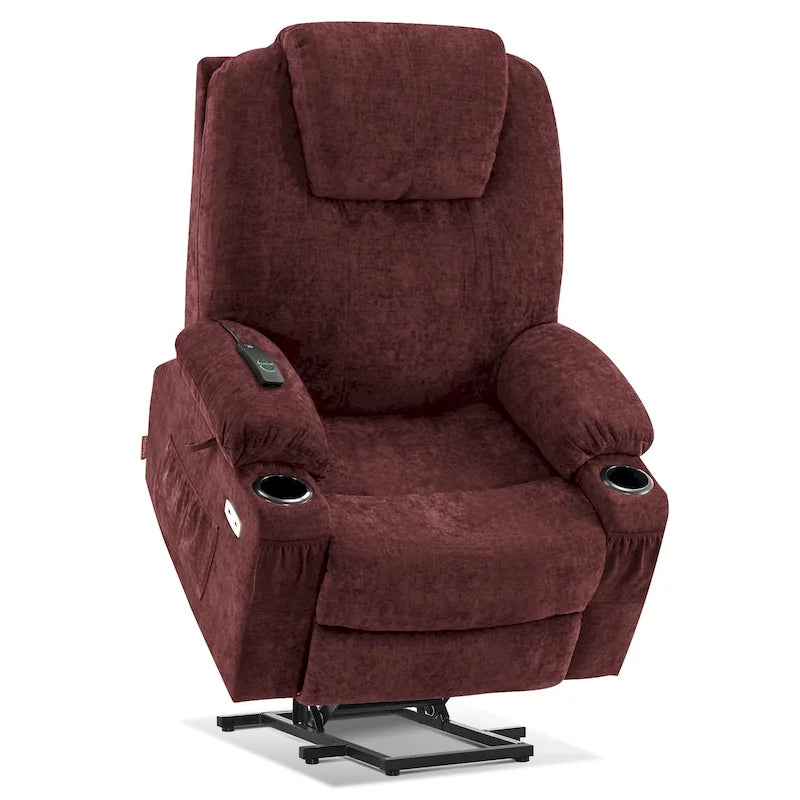 Fauteuil inclinable releveur électrique avec massage, porte-gobelets et repose-pieds étendu
