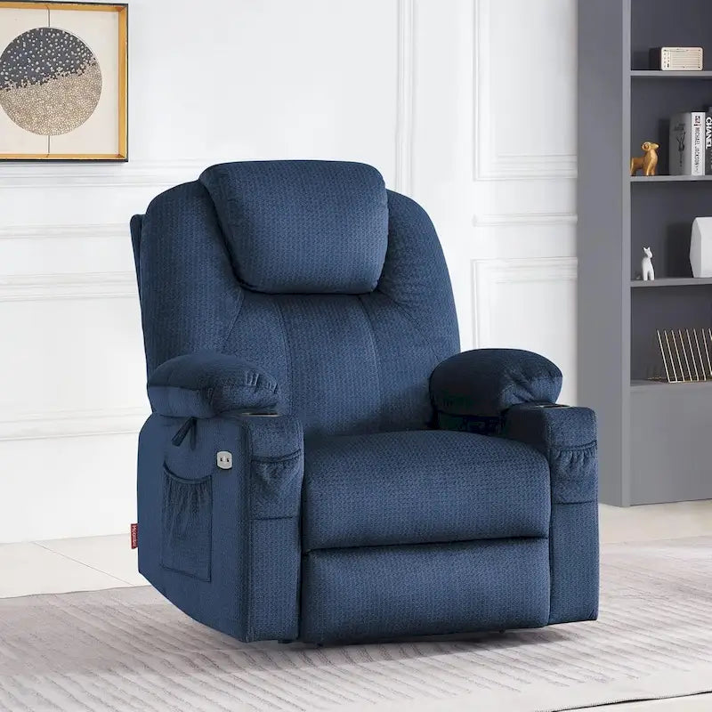 Fauteuil inclinable releveur électrique avec massage, porte-gobelets et repose-pieds étendu