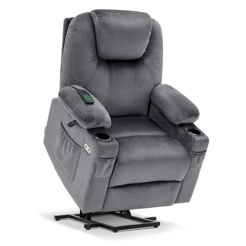 Fauteuil inclinable releveur électrique avec massage, porte-gobelets et repose-pieds étendu