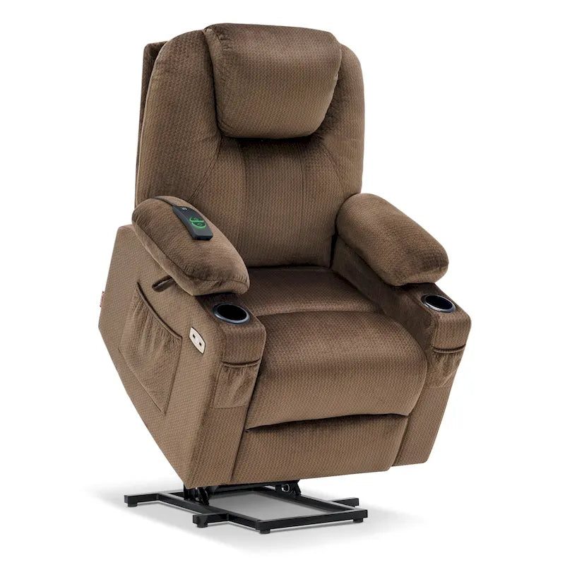 Fauteuil inclinable releveur électrique avec massage, porte-gobelets et repose-pieds étendu