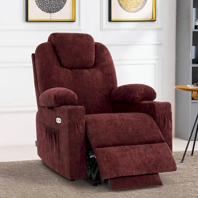 Fauteuil inclinable releveur électrique avec massage, porte-gobelets et repose-pieds étendu