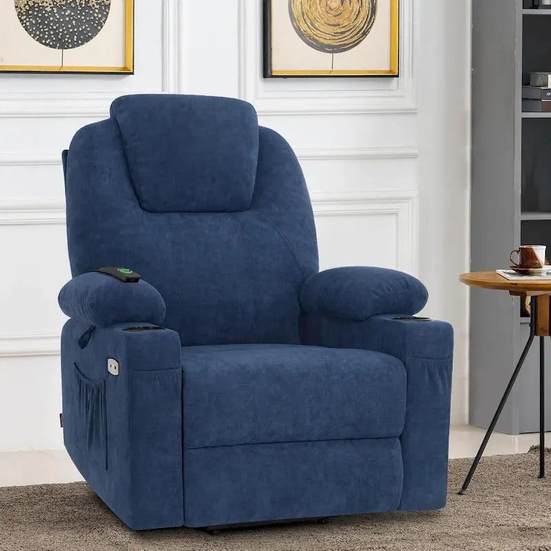 Fauteuil inclinable releveur électrique avec massage, porte-gobelets et repose-pieds étendu