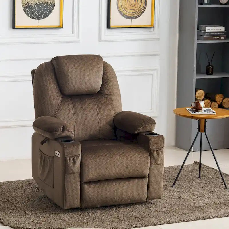 Fauteuil inclinable releveur électrique avec massage, porte-gobelets et repose-pieds étendu