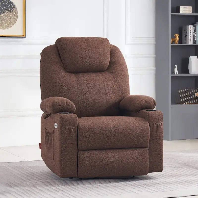 Fauteuil inclinable releveur électrique avec massage, porte-gobelets et repose-pieds étendu