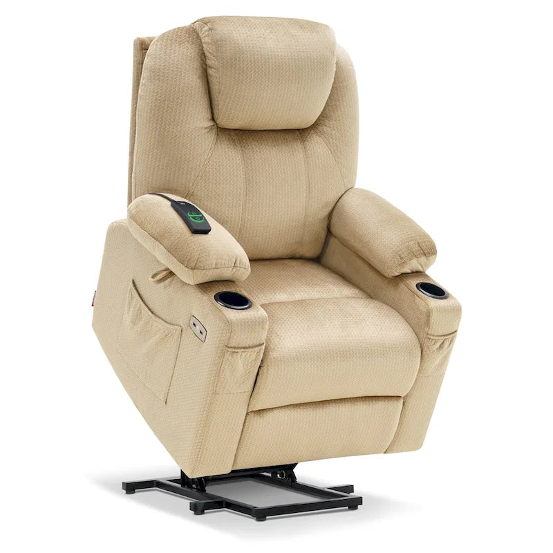 Fauteuil inclinable releveur électrique avec massage, porte-gobelets et repose-pieds étendu