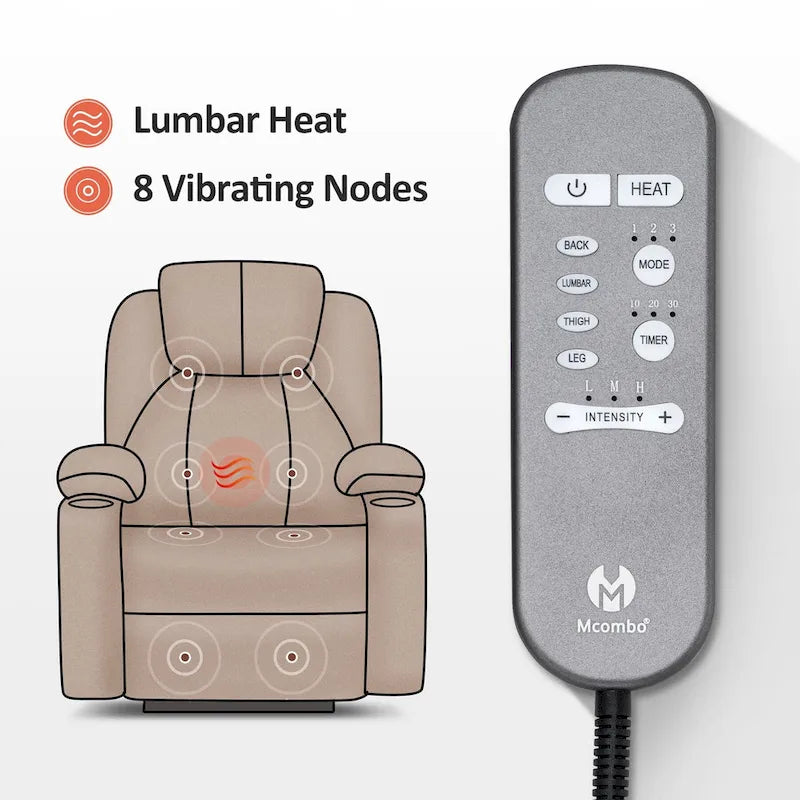 Fauteuil inclinable releveur électrique avec massage, porte-gobelets et repose-pieds étendu
