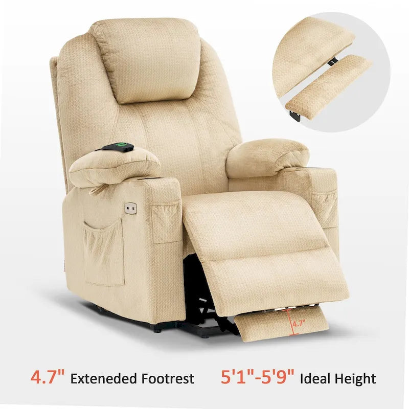 Fauteuil inclinable releveur électrique avec massage, porte-gobelets et repose-pieds étendu