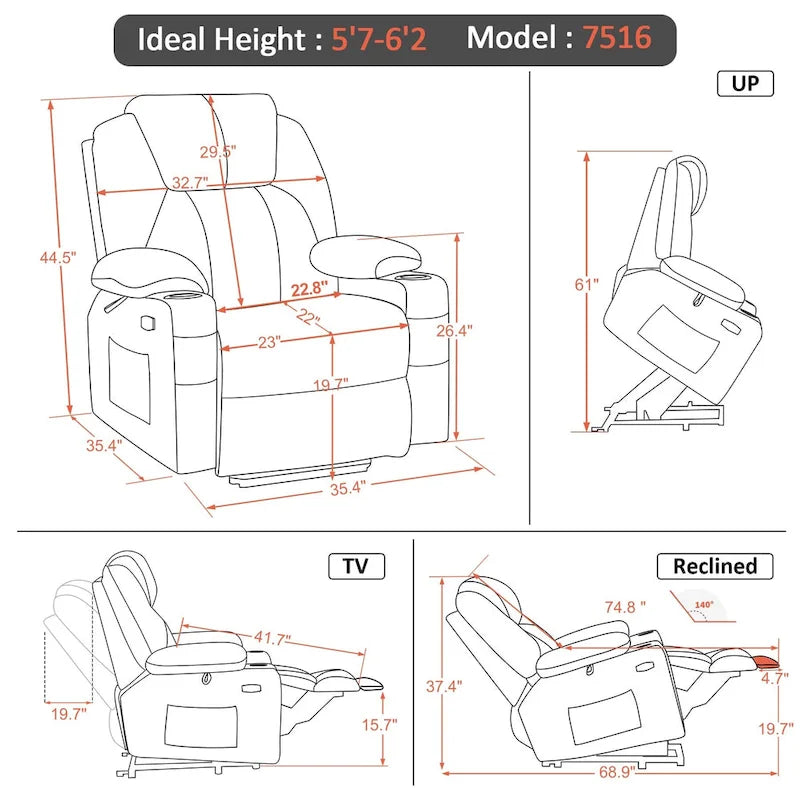 Fauteuil inclinable releveur électrique avec massage, porte-gobelets et repose-pieds étendu