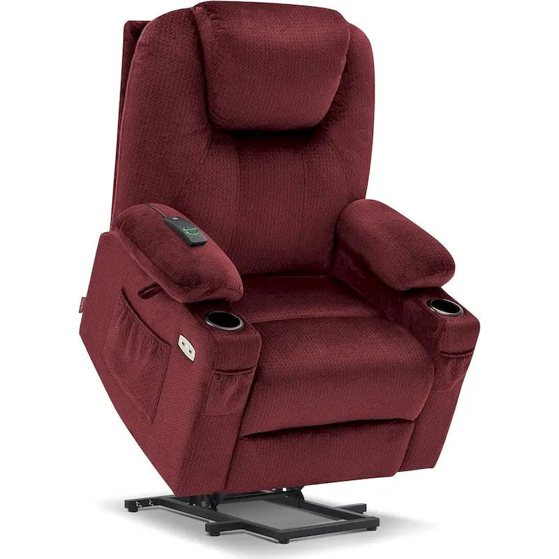Fauteuil inclinable releveur électrique avec massage, porte-gobelets et repose-pieds étendu
