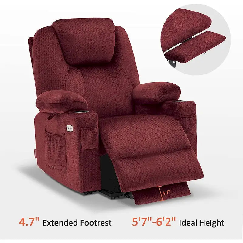 Fauteuil inclinable releveur électrique avec massage, porte-gobelets et repose-pieds étendu