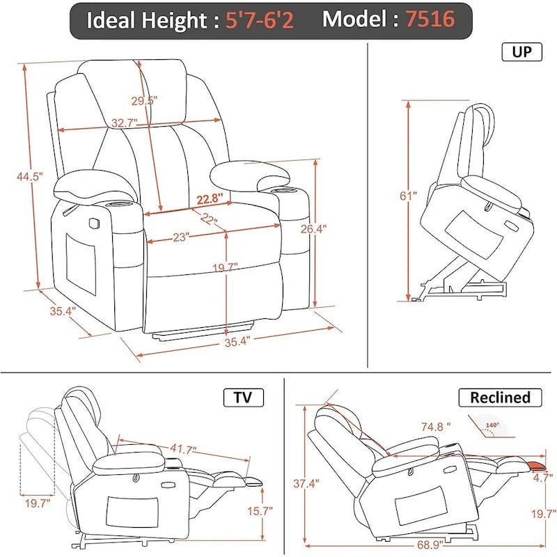 Fauteuil inclinable releveur électrique avec massage, porte-gobelets et repose-pieds étendu