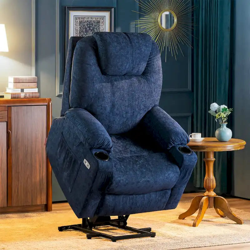 Fauteuil inclinable releveur électrique avec massage, porte-gobelets et repose-pieds étendu