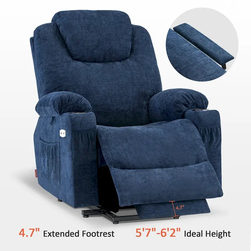 Fauteuil inclinable releveur électrique avec massage, porte-gobelets et repose-pieds étendu